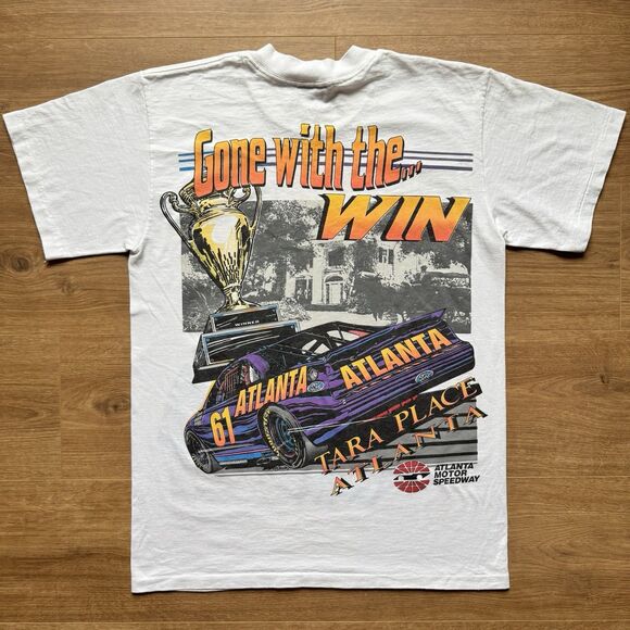 Vintage 90s Ford Mustang Atlanta Racing Gone With The Win Sz L T-Shirt Dbl Side - Picture 2 of 7
